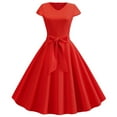 thumbnail image 1 of Red Casual Dresses Vintage V Neck Short Sleeve Solid Color Casual Dress Cocktail Evening Dress Summer Dresses for Women 2024, 1 of 5