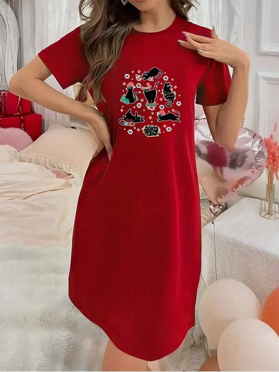Red Cat Print Sleep Dress For Women, Crew Neck, Knee Length, Loungewear