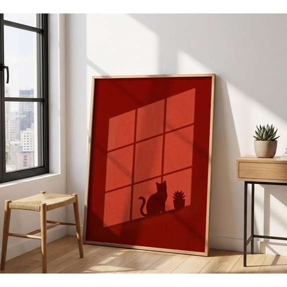 Red Cat Shadow Art Print, Minimalist Window Silhouette Poster, Dark Red Wall Decor, Moody Feline Aesthetic, Cat Lover Gift , Poster Print Only