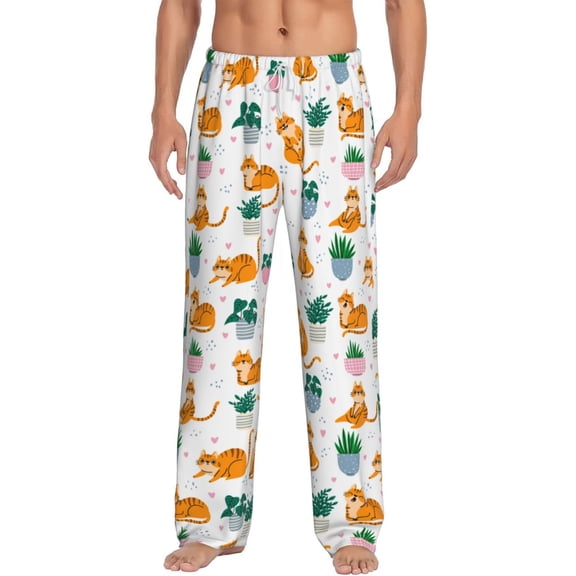 Red Cats and Plants in Pots Men's Pajama Pants Soft Breathable Sleep Lounge Pants with Pockets, Elastic Waist PJS Bottoms for Nightwear & Home Medium