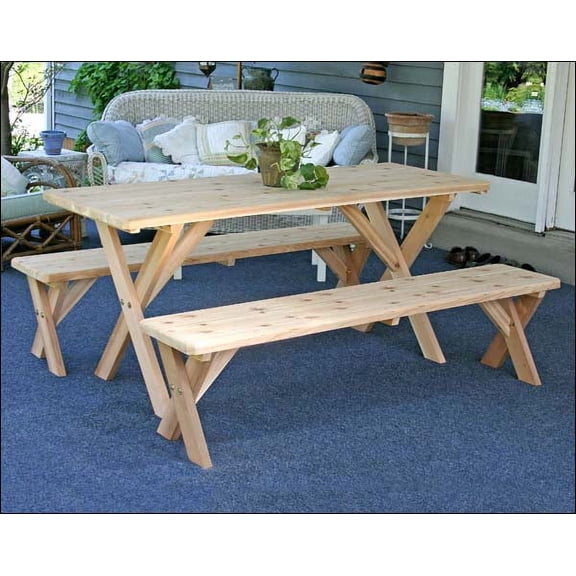 Red Cedar 32" Wide 8' Cross Legged Picnic Table with (4) 4' Cross Legged Benches