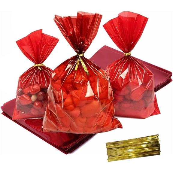 Red Cellophane Treat Bags - Duslogis 100Pcs Cello Bags Resealable 6x9 Inch Candy Favor Bags for Parties, Holidays, Snacks Goodie Gifts Party