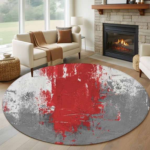 Red Cement Gray Round Area Rug 5Ft Washable Circle Rugs for Living Room Bedroom, Modern Abstract Art Red Non-Slip Carpet Floor Mats Indoor Outdoor Carpet Runner Aesthetic Home Decor