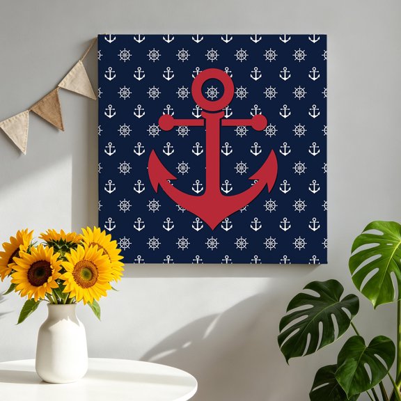 Red Center Anchor Canvas Wall Art, Nautical Minimalist Steering Wheel Navy Blue Framed Canvas Wall Decor Picture Print Artwork Decorations for Living Room Office Ready to Hang 8" x 8"