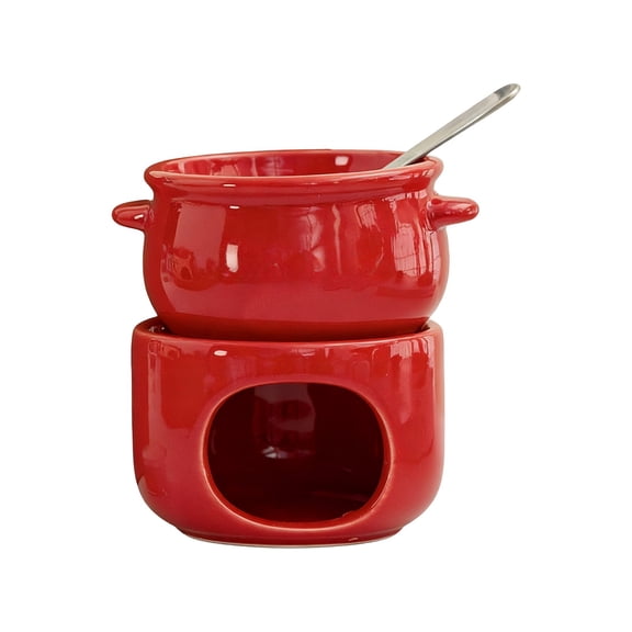 Red Ceramic Chocolate Fondue Pot Set Heatproof Melting Bowl Burners With Premium Durable Ceramic, Even Heat Distribution And Compact Space-Saving Design For Home Kitchen And Dessert Making