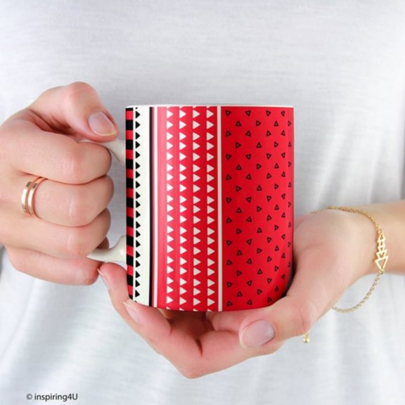 Red Ceramic Coffee Mug Geometric Triangles Pattern, Office Tea Mug.