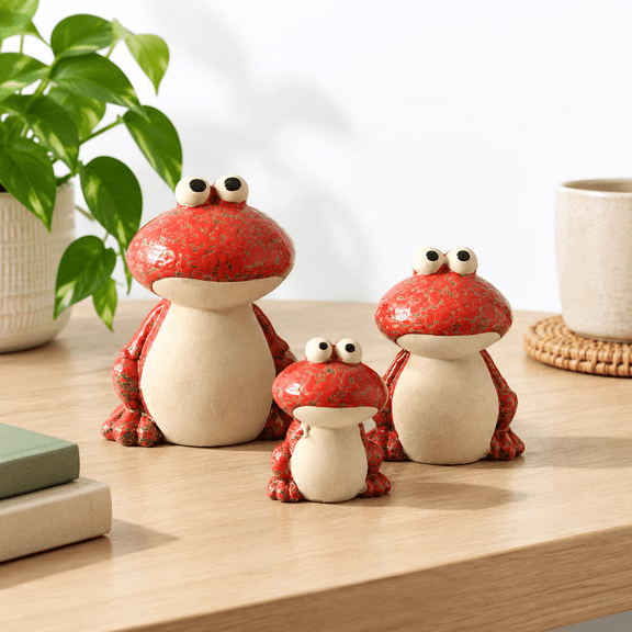 Red Ceramic Frog Garden Statue Set of 3 Outdoor Yard Decoration