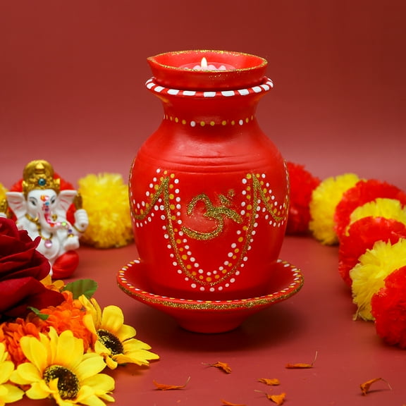 Red Ceramic Kalash Puja Decoration - Includes Plate & Diwali Diya,Decorative Glitter OM Lota Hindu Gifts for Diwali Home Decor Mandir Temple Altar Pooja Decor Hindu Wedding Housewarming Gifts