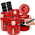 thumbnail image 1 of Red Ceramic Kitchen Airtight Canisters Set for Countertop with Wooden Spoons and Reusable Chalk Marker and Labels for Sugar, Coffee, Flour, Tea, 1 of 6