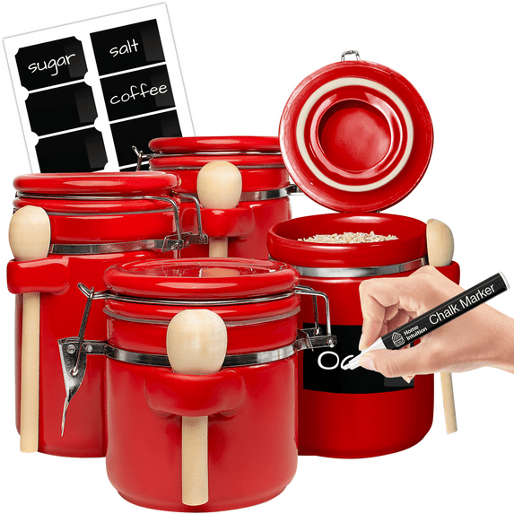 Red Ceramic Kitchen Airtight Canisters Set for Countertop with Wooden Spoons and Reusable Chalk Marker and Labels for Sugar, Coffee, Flour, Tea