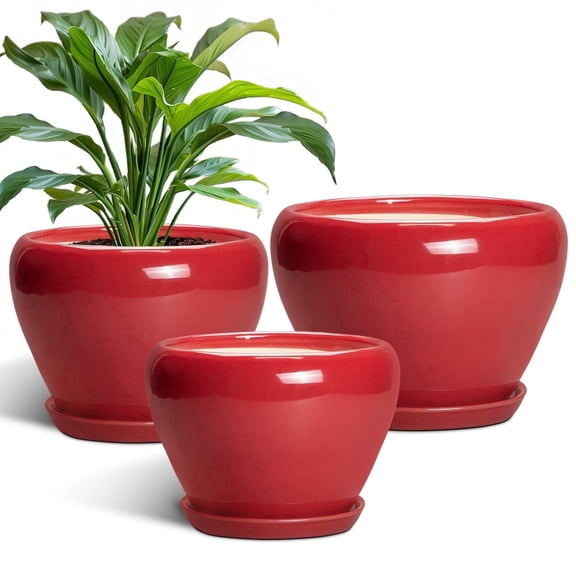 Red Ceramic Plant Pots Set of 3 – 6, 8, 10 Inch Round Flower Pots with Drainage for Indoor Outdoor Plants, Large Planters
