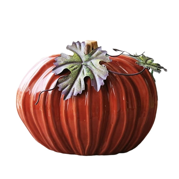 Red Ceramic Pumpkin with Metal Leaf Accents for Fall and Thanksgiving Tabletop Decor