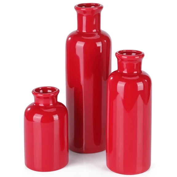 Red Ceramic Vase Set of 3 Boho Modern Table Decor for Living Room Kitchen Office