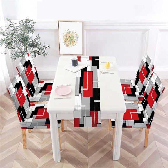 Red Chair Covers Set of 4 and Table Runner,Stretch Red Chair Slipcovers for Kitchen,Washable Removable Chair Protector Modern Geometric Chair Covers for Dining Room