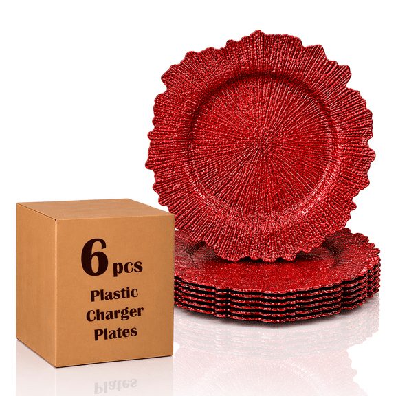 Red Charger Plates Set of 6, 13" Round Reef Design, Decorative Plastic Charger Plates for Wedding, Party & Table Setting, Elegant Gold Dinner Plate Chargers