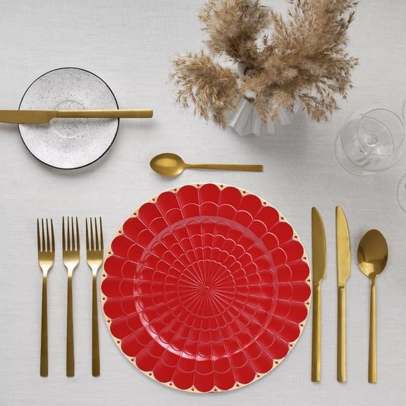 Red Chargers Plates Set of 12, Plastic Decorative Charge Plates for Dinner, Table Setting, Holiday, Thanksgivng, Christmas