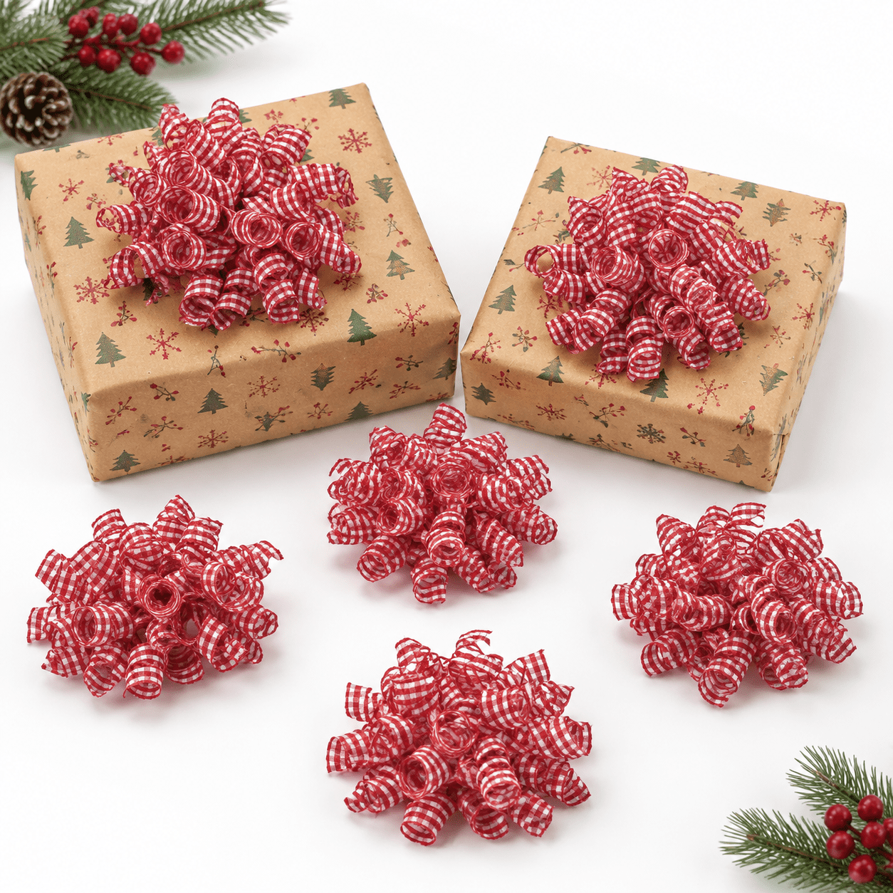 Red Check 5 Inch Plaid Gift Bows, 6 Count Self-Adhesive Curly Ribbon ...
