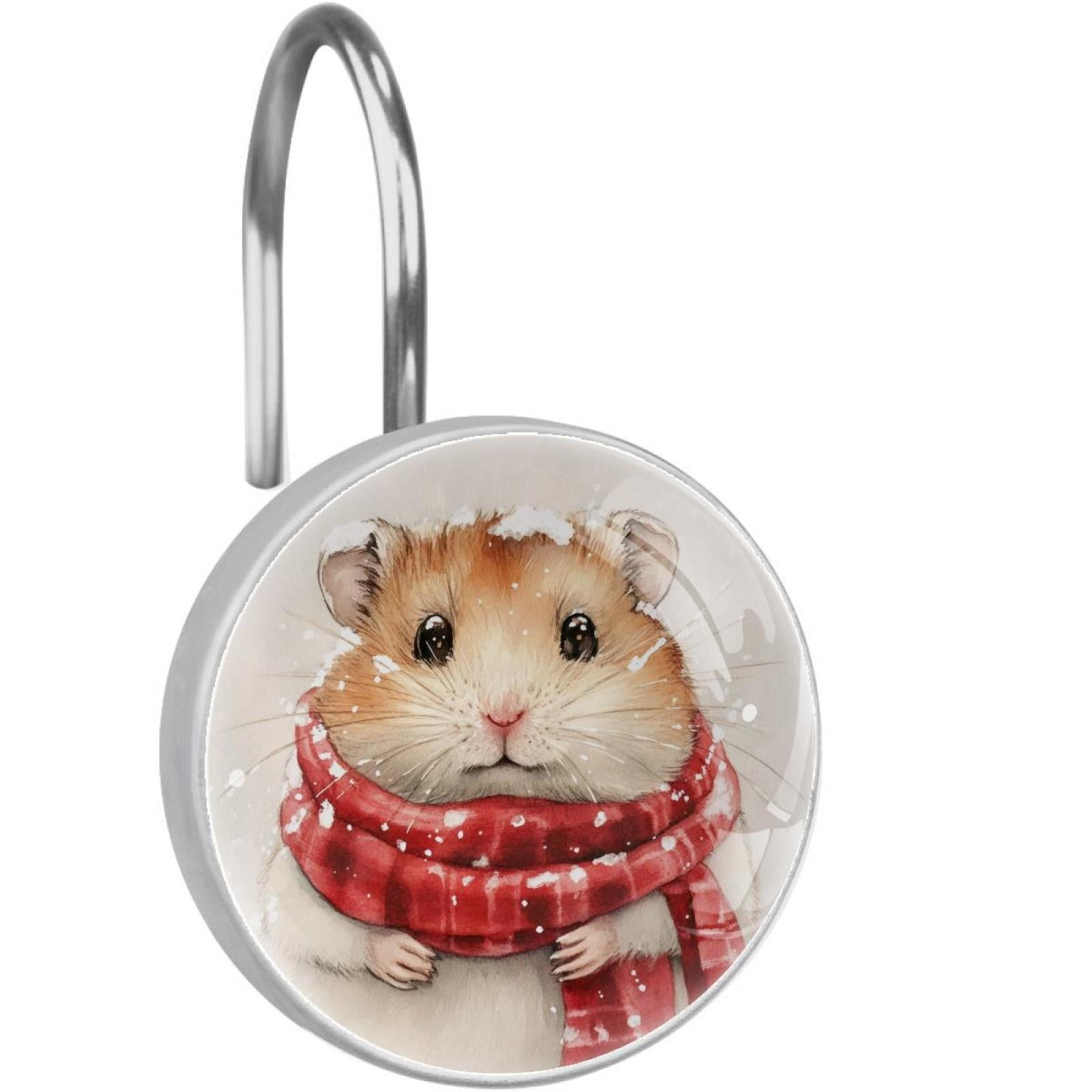 Red Checked Scarf Hamster Shower Curtain Hooks Round Crystal Glass, Set of 12 Shower Curtain Rings - Shower Hooks for Curtain Shower Rings