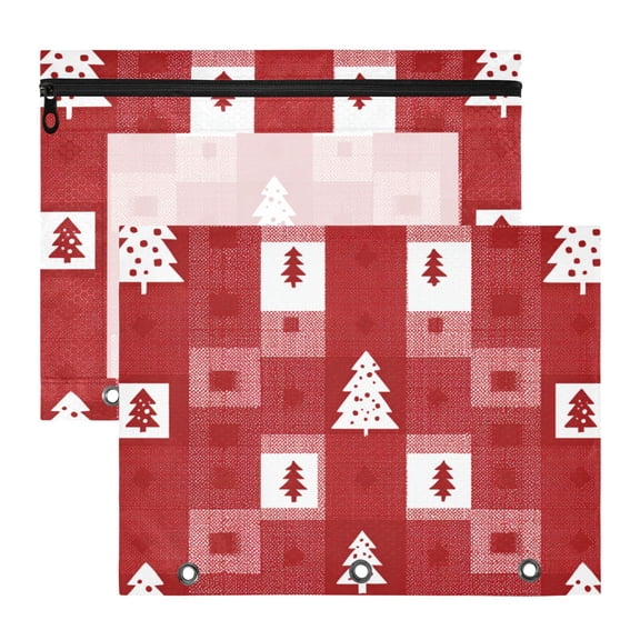 Red Checkerboard Christmas Trees Cute 3-Ring Binder Pocket with Zipper Pencil Pouches A4 Size File Storage 2 Packs
