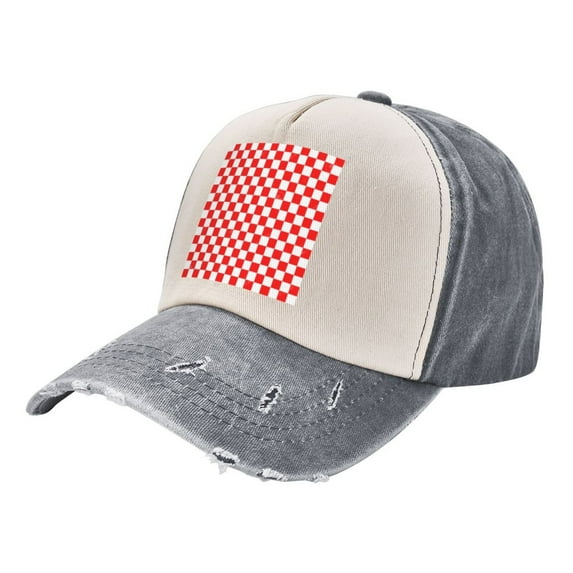 Red Checkerboard Pattern Baseball Cap Distressed Adjustable Vintage Cotton Denim Hat for Women Men