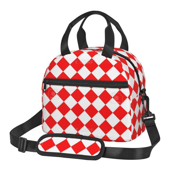 Red Checkerboard Pattern Insulated Reusable Lunch Bag with Detachable Adjustable Strap for Office Picnic Beach or Travel