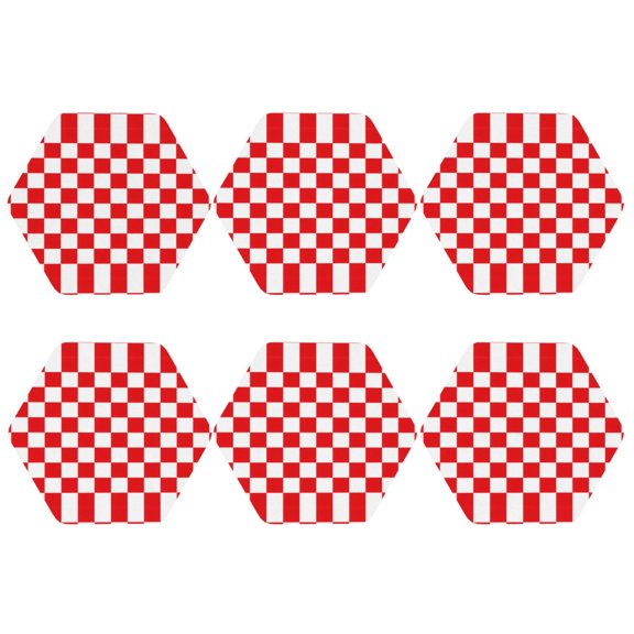 Red Checkerboard Pattern Leather Drink Coasters for Drinks (6 Pack) for Tabletop Protection Hexagon