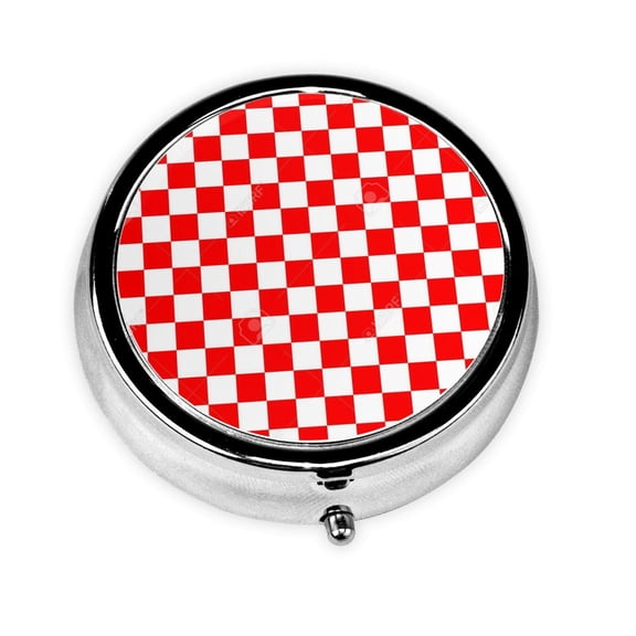 Red Checkerboard Pattern Pill Case Pill Box Round 3 Compartment Small Pill Organizer For Purse Or Pocket Small Roud Pill Box