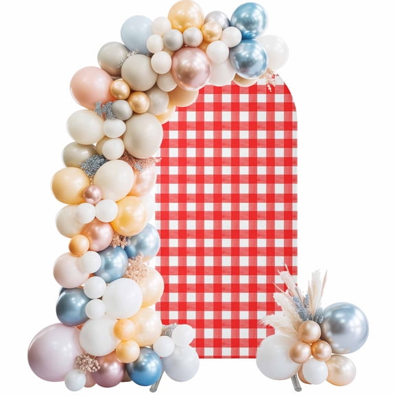 Red Checkered Arch Backdrop Cover 4 FT Farmhouse Classic Stretchy Elastic Arch Stand Covers Spandex Arched Background Birthday Wedding Party Decoration (No Stand)