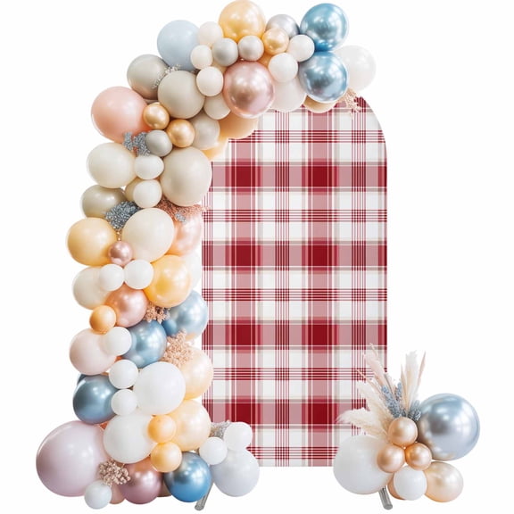 Red Checkered Arch Backdrop Cover, Spandex Fitted Wedding Arch Cover, Red White Plaid Farmhouse Round Top Stand Covers for Birthday Ceremony Bridal Shower Party Decor 5x2.1 Ft