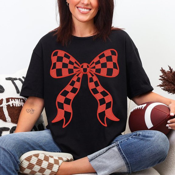 Red Checkered Bow, Red Game Day Shirt Design, Checkered School Mascot, Coquette Bow Game Day Shirt Design, Baseball Football All Size S-5Xl