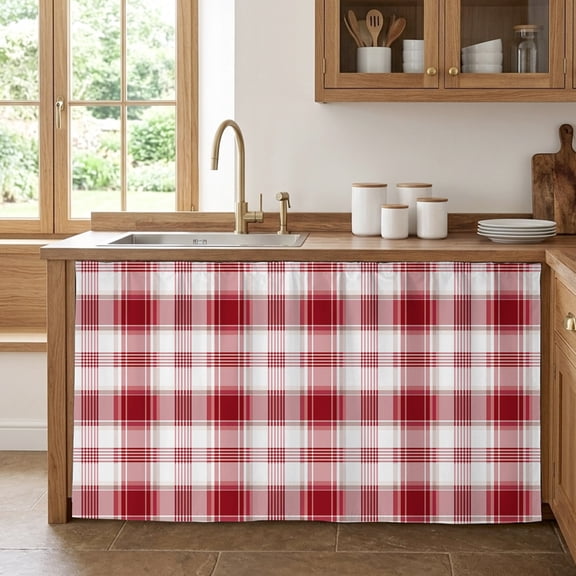 Red Checkered Cabinet Curtain 28"Wx51"L, Dustproof Storage Cabinet Curtain with Self Adhesive Tape, Red White Plaid Farmhouse Tall Pantry Cover Drape for Kitchen, Laundry Room, Utility Closet
