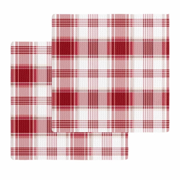 Red Checkered Dish Towels Set, Waffle Weave Kitchen Towels 2 Pieces, Red White Plaid Farmhouse Microfiber Hair Face Bath Tea Towel Absorbent Quick Drying Cleaning Dish Cloths 12"x12"