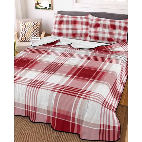 Red Checkered Full Size Down Alternative Comforter, Lightweight Comforter Quilt Bedding Set with Pillow Shams Red White Plaid Farmhouse All Seasons Bed Comforter Duvet Insert 78"x90"