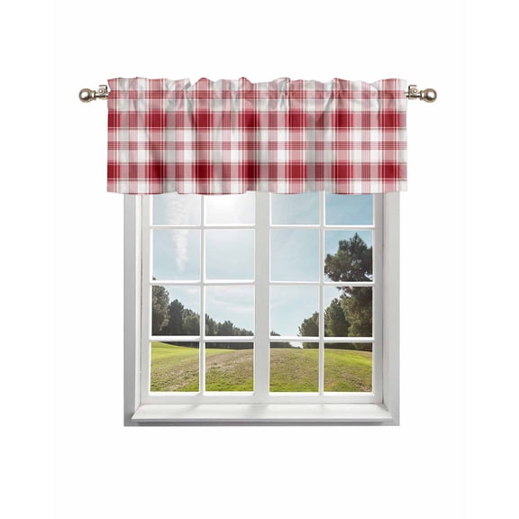 Red Checkered Kitchen Curtain Valances for Windows Farmhouse Short Curtains, Red White Plaid Farmhouse Rod Pocket Valance Curtain for Bedroom Cafe Living Room 42"x18"