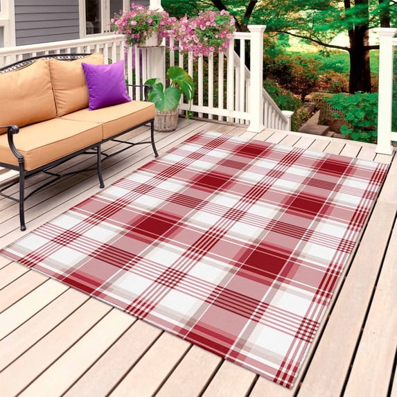 Red Checkered Outdoor Rug for Patio/Deck/Porch, Non-Slip Large Area Rug 5 x 8 Ft, Red White Plaid Farmhouse Indoor Outdoor Rugs Washable Area Rugs, Reversible Camping Rug Carpet Runner