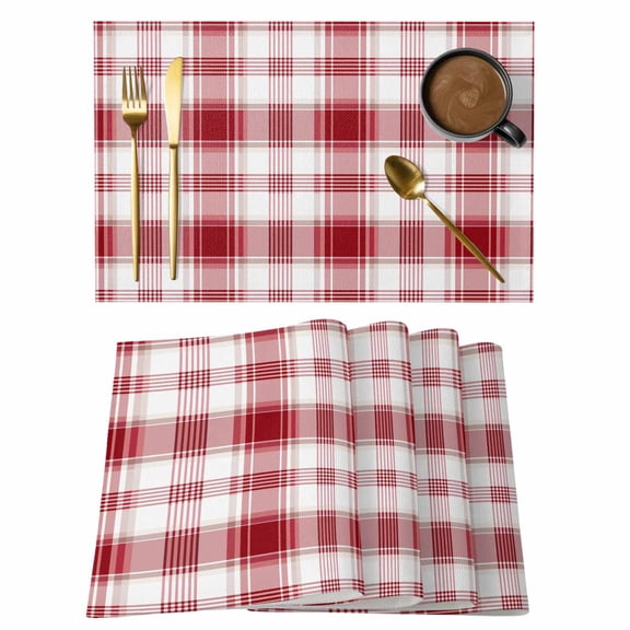 Red Checkered Placemats Set of 12, Cotton Linen Fabric Place Mats, Red White Plaid Farmhouse Washable Decorative Table Mats Protector for Home Kitchen Dining Wedding Party Coffee Tables