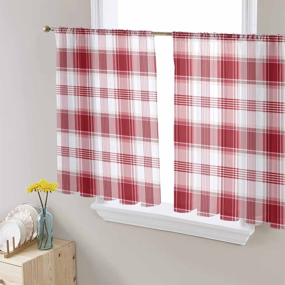 Red Checkered Semi Sheer Curtains 54 Inch Length 2 Panels Set, Red White Plaid Farmhouse Sheer Kitchen Curtain Privacy Voile Window Curtain for Living Room Bedroom Rod Pocket Drapes