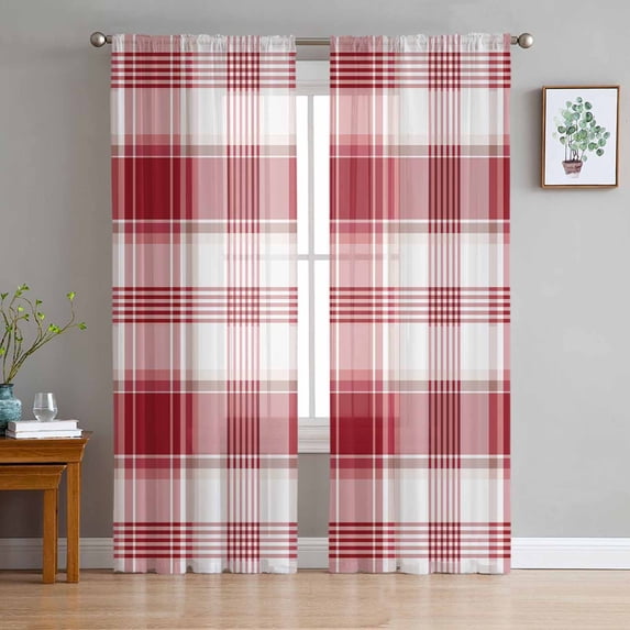 Red Checkered Semi Sheer Curtains 96 Inch Length 2 Panels Set, Red White Plaid Farmhouse Sheer Kitchen Curtain Privacy Voile Window Curtain for Living Room Bedroom Rod Pocket Drapes