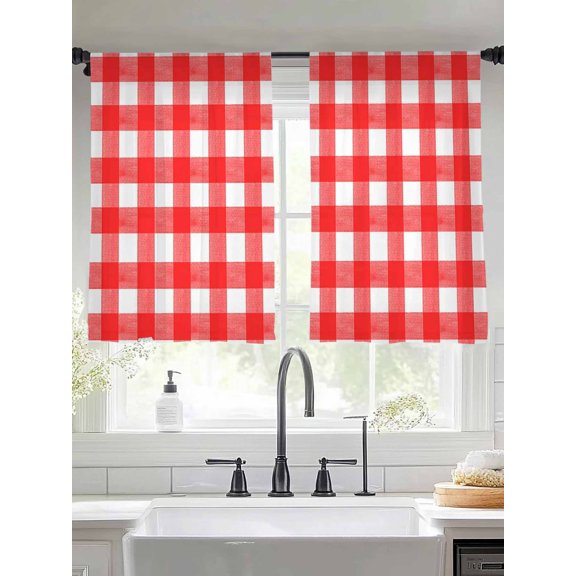 Red Checkered Sheer Curtains 54 Inches Long 2 Panels Farmhouse Classic Light Filtering Semi Sheer Window Curtains Drapes for Bedroom Living Room 52"x54"