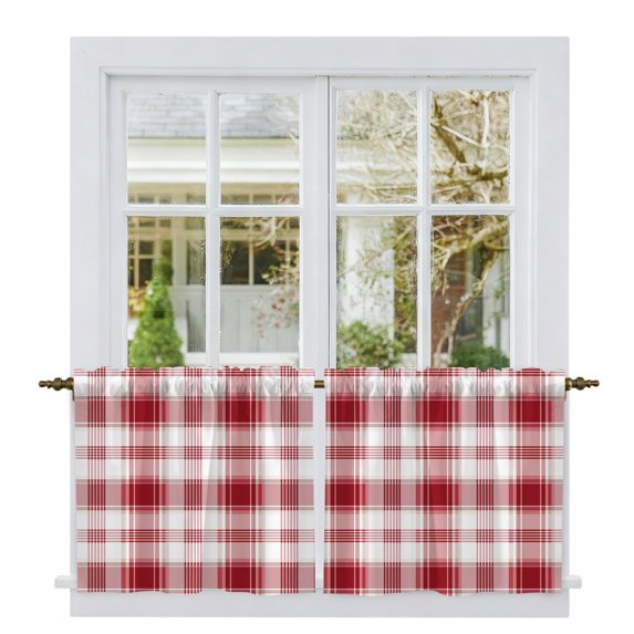 Red Checkered Tier Curtains, Red White Plaid Farmhouse Light Filtering Kitchen Curtains, 2Pcs Rod Pocket Half Window Treatments Panels for Sink Cafe Cabinet Camper 27.5x36 Inches