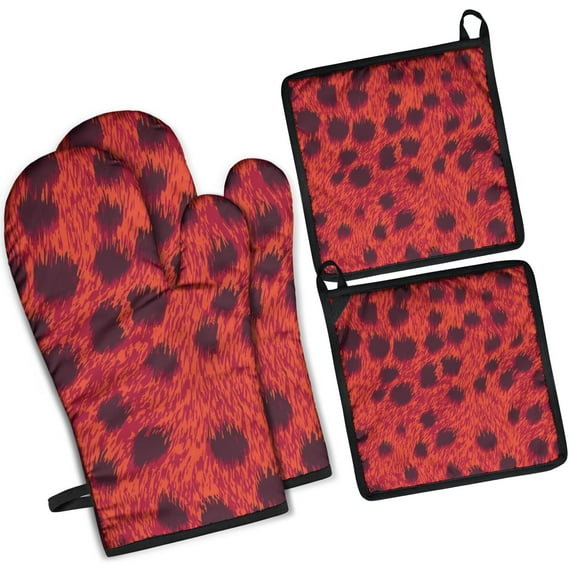 Red Cheetah Leopard Pattern Kitchen Oven Mitt and Pot Holder Sets 4 Pcs for Baking, Cooking and Grilling, Heat Resistant Up To 392 °F
