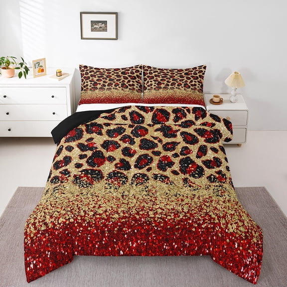 Red Cheetah Print Comforter&nbsp;Set Gold Sequin Print Twin Bedding Sets,Wild Animal Hide Leopard Bed Set Animals Quilt Set,Big Cat Spot Western Decor