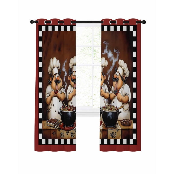 Red Chef Blackout Curtains, Light Blocking Print Window Curtains, Kitchen Gourmet Black Plaid Vintage Thermal Insulated Window Drapes for Living Room Kitchen Cafe 2 Panels, 55"W x 39"L