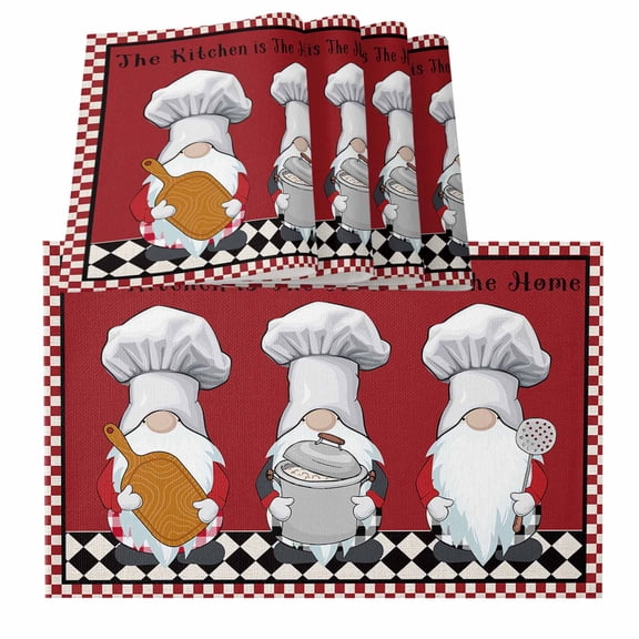Red Chef Gnomes Farmhouse Red White Plaid Burlap Kitchen Place Mats Waterproof Cloth Table Mats, Indoor Outdoor Placemats Easy Clean Dinner Decor