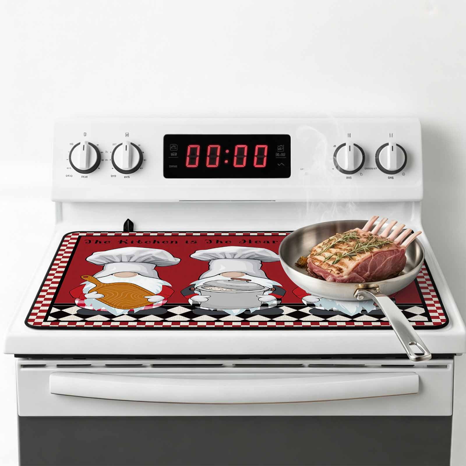 Red Chef Gnomes Stove Top Cover for Electric Stove, Heat-proof & Non Slip Glass Top Stove Cover Protector, Farmhouse Red White Plaid Kitchen Flat Cooktop Rubber Mat 28.5x20.5 Inches