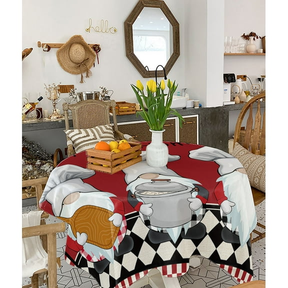 Red Chef Gnomes Tablecloth Square Table Cloth 54x54, Waterproof Tablecloth Outdoor Table Cloth, Farmhouse Red White Plaid Washable Table Cover for Kitchen Dining Party