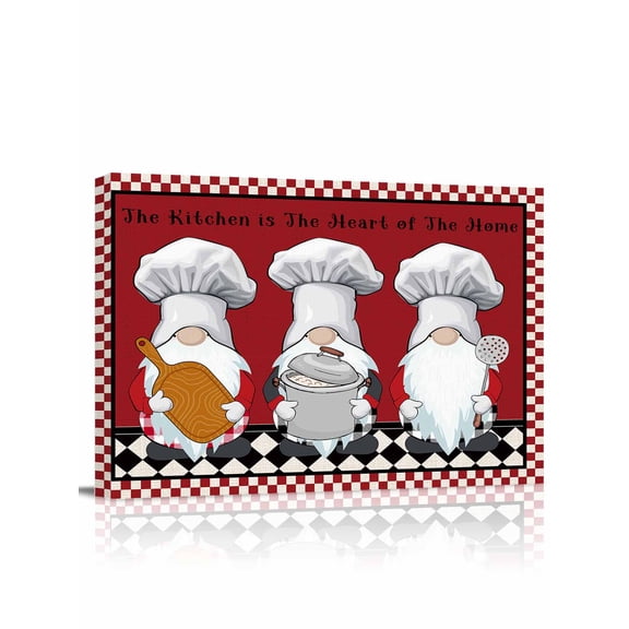 Red Chef Gnomes Wall Art for Living Room, Canvas Picture Wall Decor for Bathroom Bedroom, Farmhouse Red White Plaid Painting Artwork for Office Kitchen Hallway Dining Room Home Decorations 12"x16"