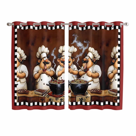 Red Chef Kitchen Curtains 72 Inch Length, Kitchen Gourmet Black Plaid Vintage Grommet Top Bedroom Living Room Curtains, Light Filtering Cafe Curtain Drapes 2 Panels Set 104''x72''