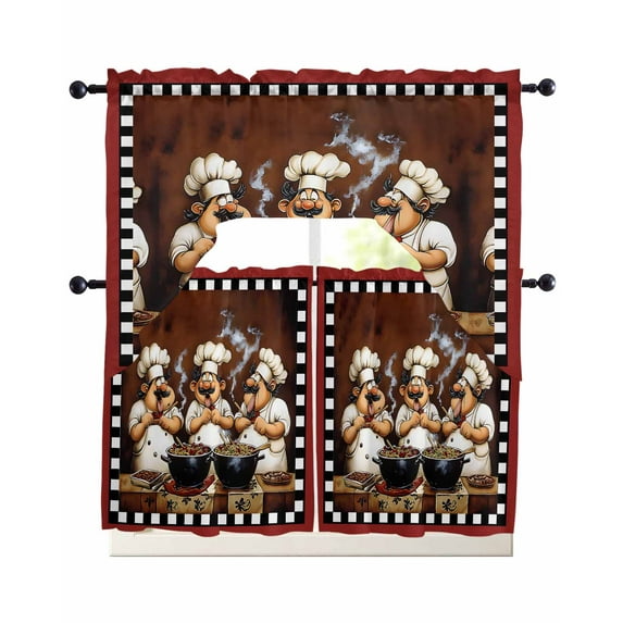 Red Chef Swag Curtains for Living Room/Bedroom Windows, Kitchen Gourmet Black Plaid Vintage Kitchen Curtains and Valances Set 36 Inch Length, Light Filtering Swags Valance Curtain Panels