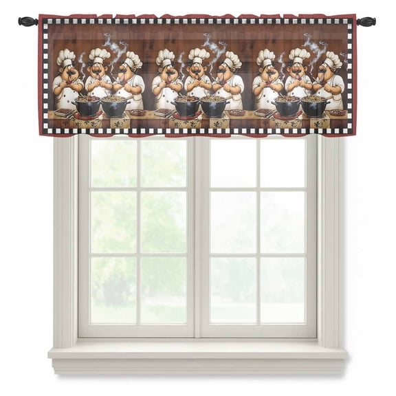 Red Chef Valance Curtains for Kitchen/Living Room/Bathroom/Bedroom Window, Rod Pocket Small Topper Half Short Window Curtains Voile Sheer Scarf, Kitchen Gourmet Black Plaid Vintage 42"x12"